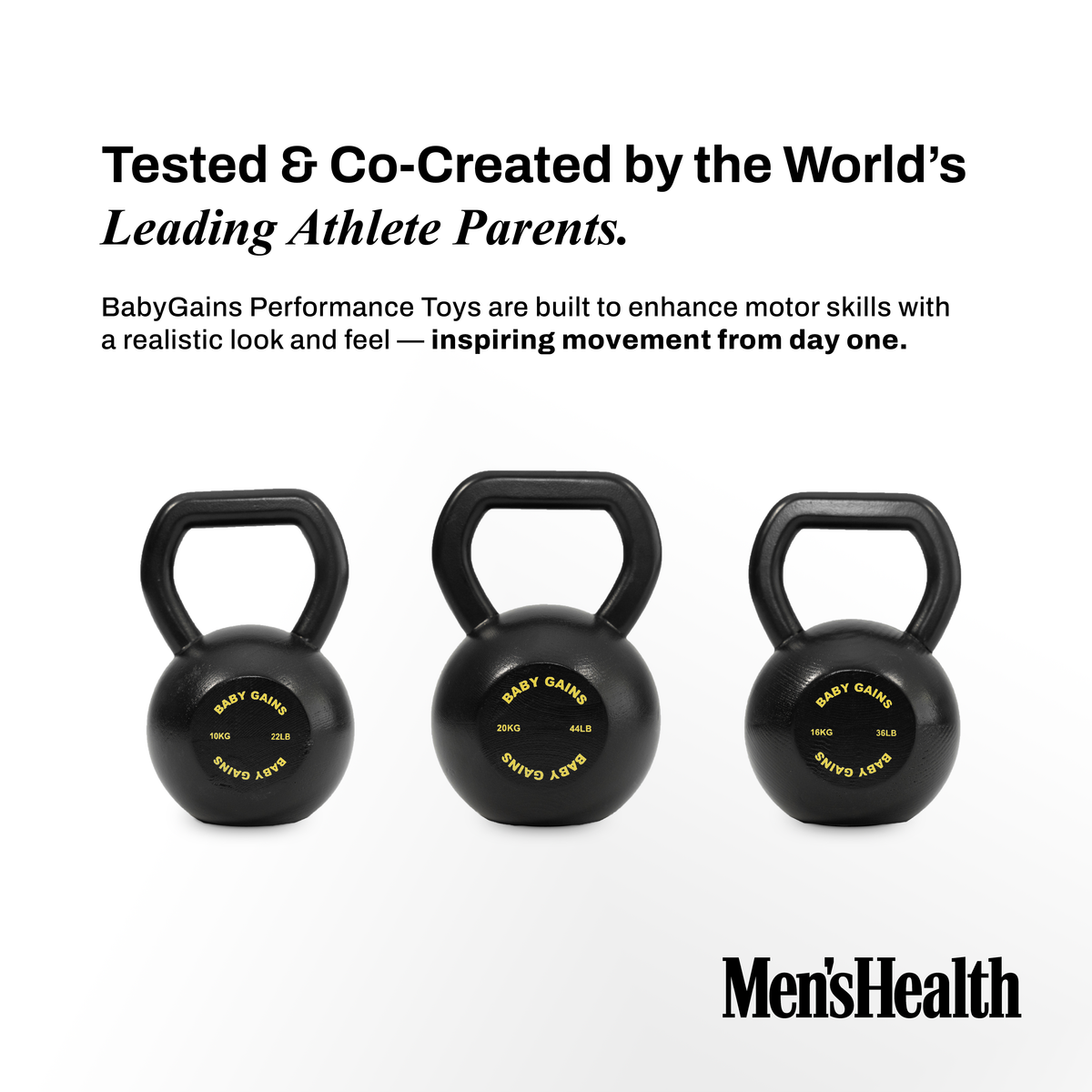 Three Kids Starter Kettlebells in a row beneath the Tested by Athlete Parents headline and Men's Health logo
