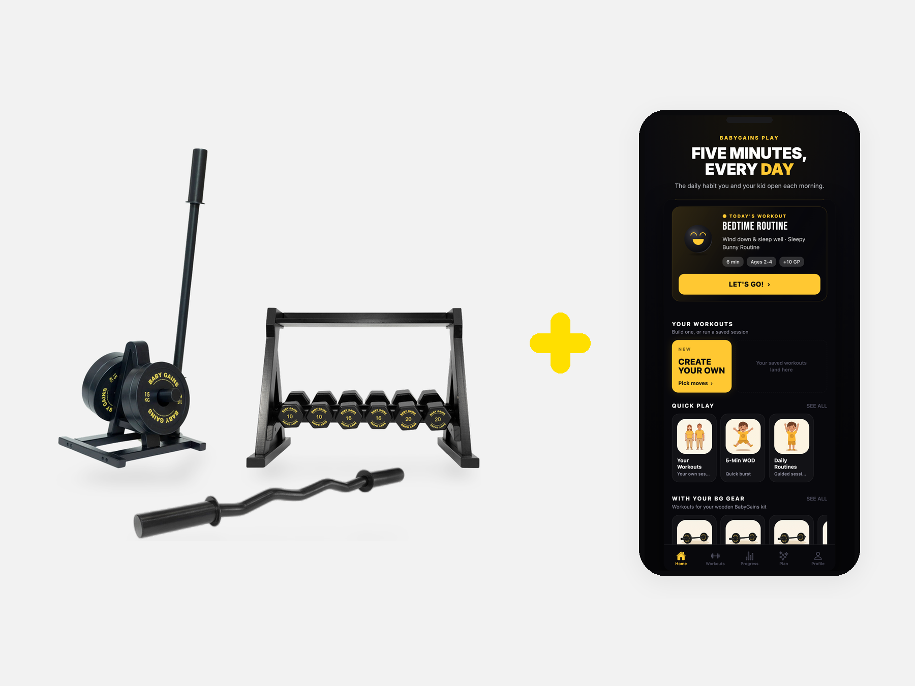 The Garage Gym Kit: a kids barbell on its stand, a six-dumbbell rack and a curl bar next to a phone showing the Baby Gains Play app