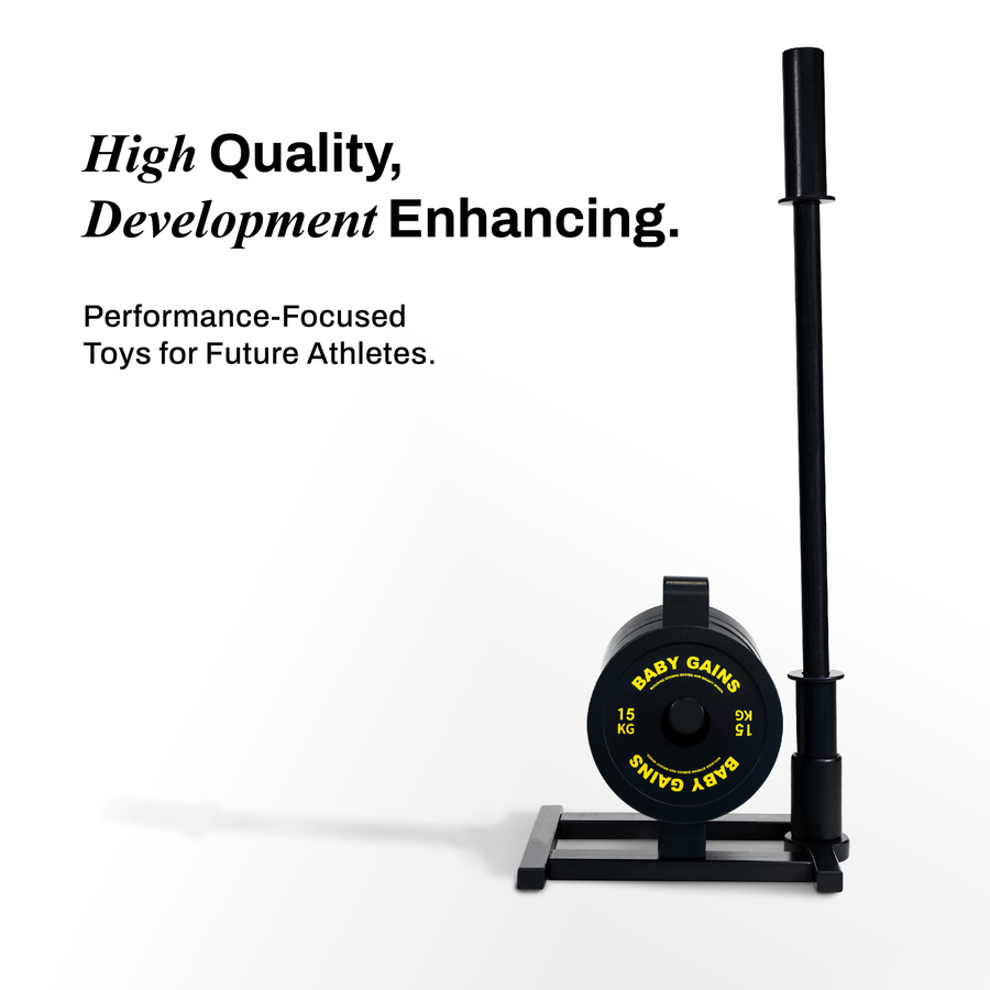 Kids Elite Barbell Kit on its stand beside the headline High Quality, Development Enhancing