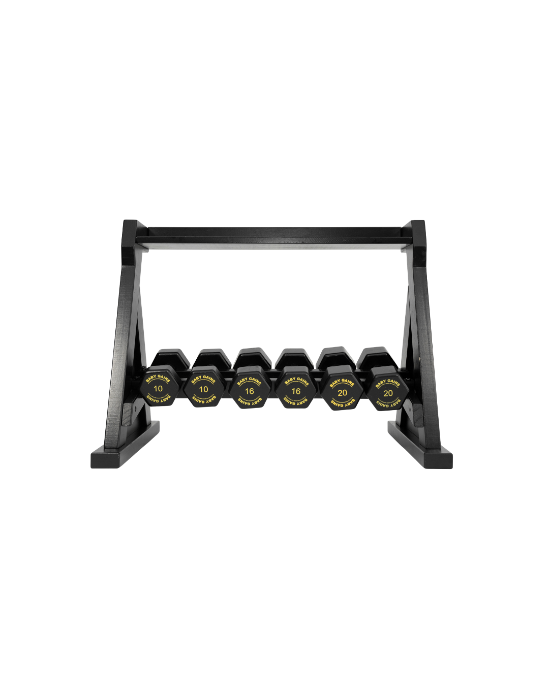 BabyGains Kids Elite Dumbbell Set with wooden storage rack