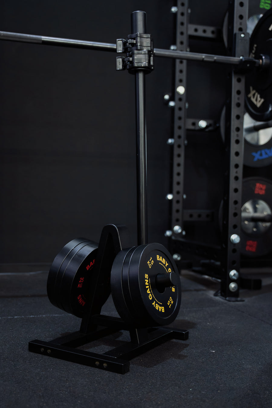 Kids Elite Barbell Kit stored on its stand in front of a power rack and plate tree in a dark gym
