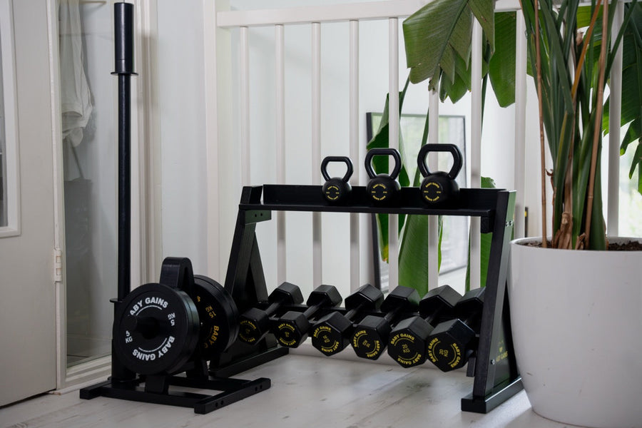 Kids Elite Dumbbell Set and Rack topped with three kettlebells beside the barbell stand and a potted plant at home