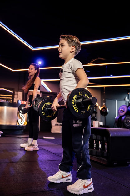 Kids Wooden Starter Barbell Set in use at home