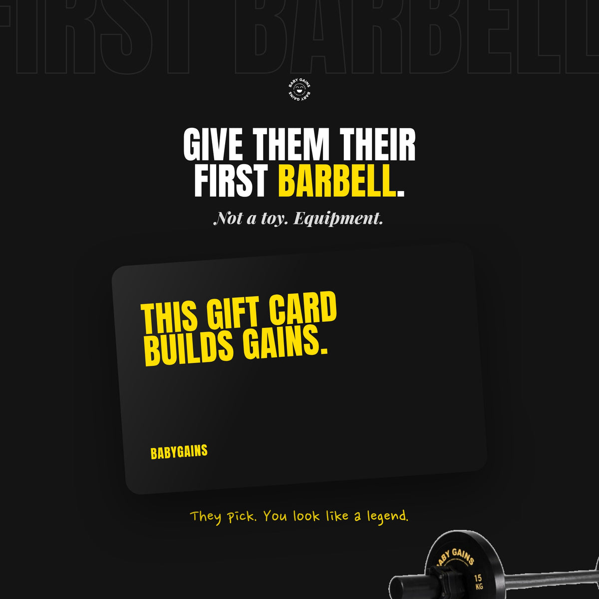 Give them their first barbell, BabyGains gift card shown with the kids starter barbell