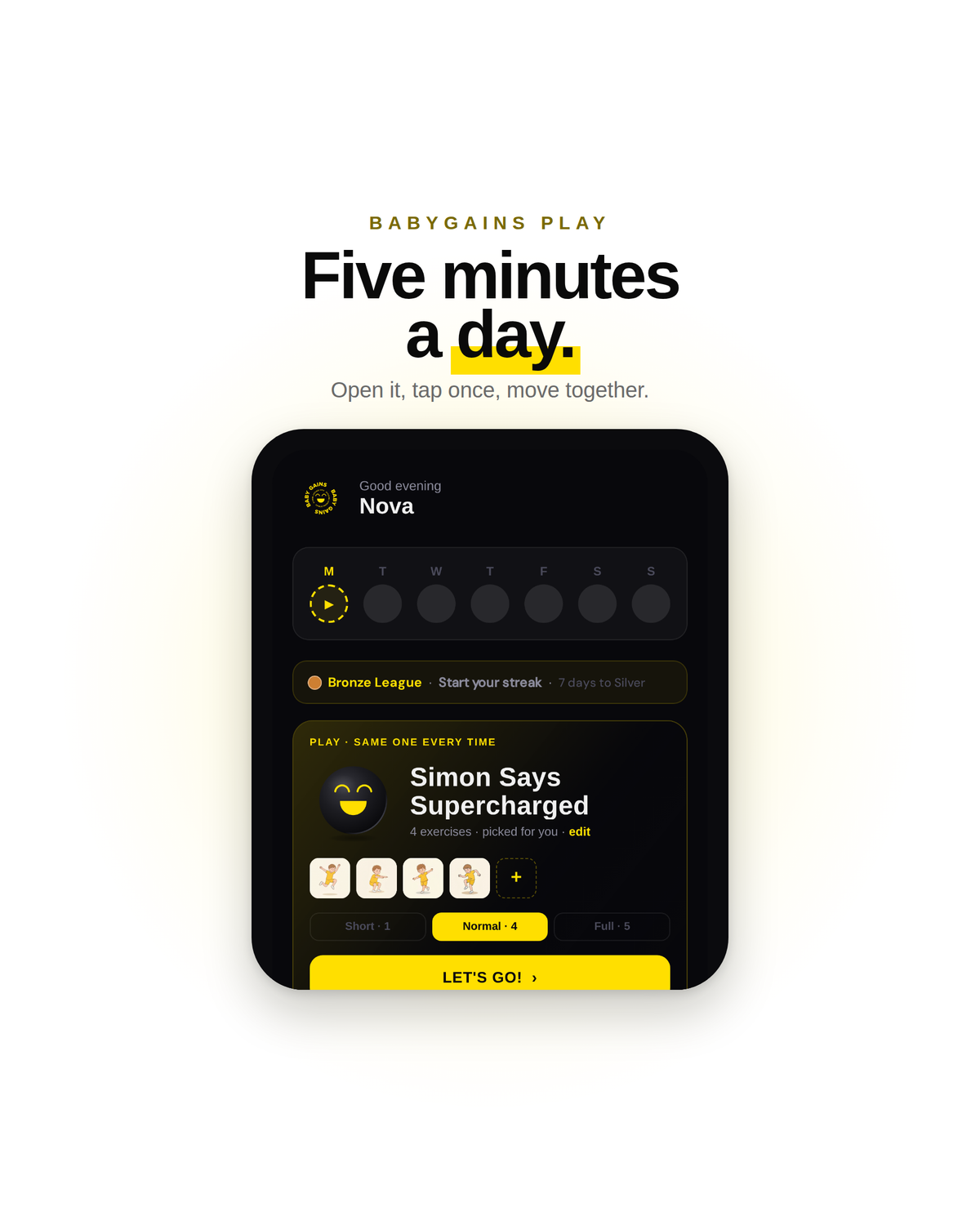 BabyGains Play home screen: five minutes a day, open it, tap once, move together