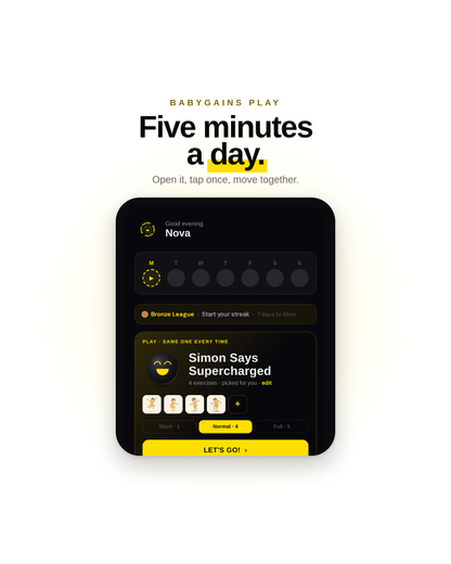 BabyGains Play home screen: five minutes a day, open it, tap once, move together