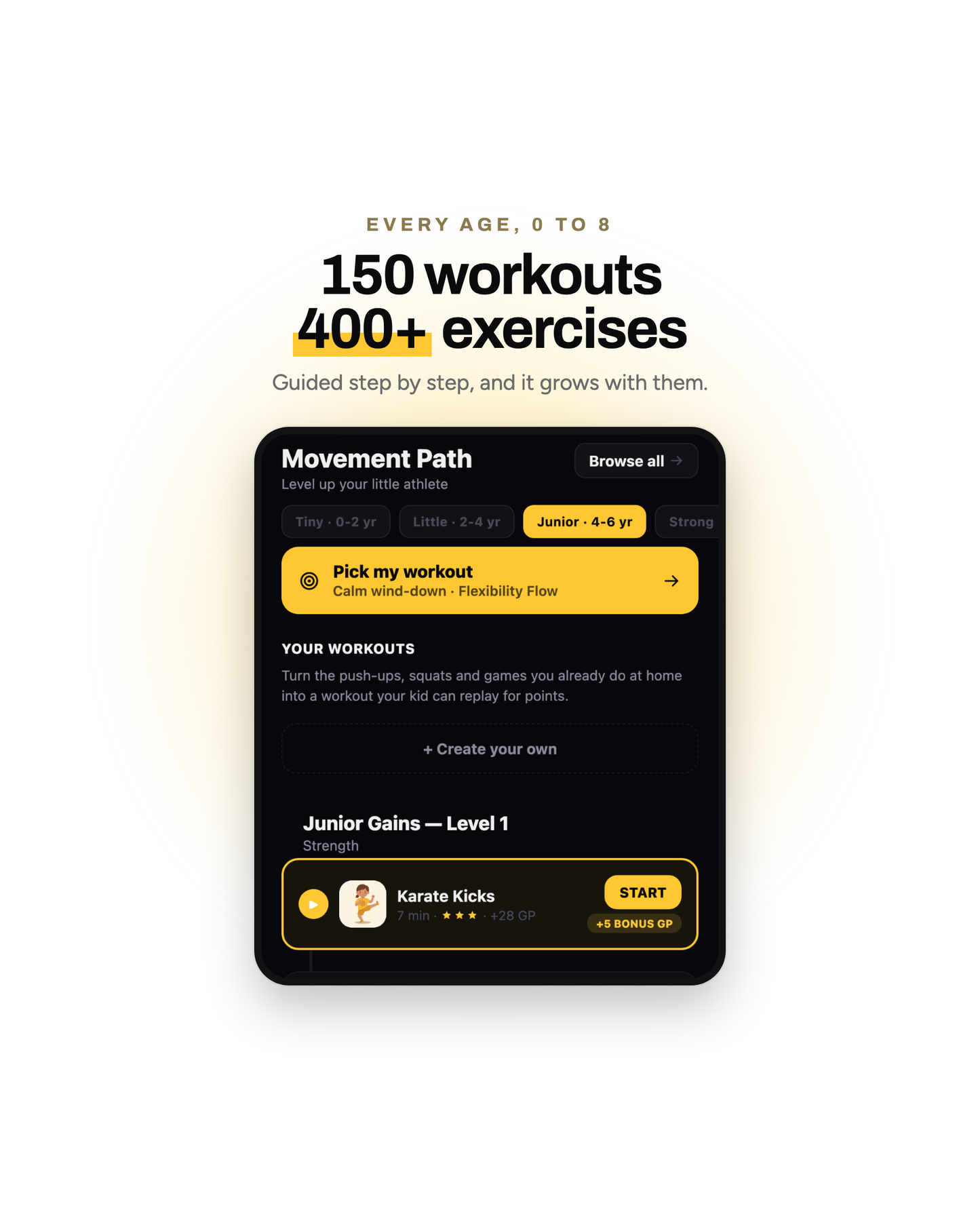 146 workouts and 600+ illustrated exercises, ages 0 to 8