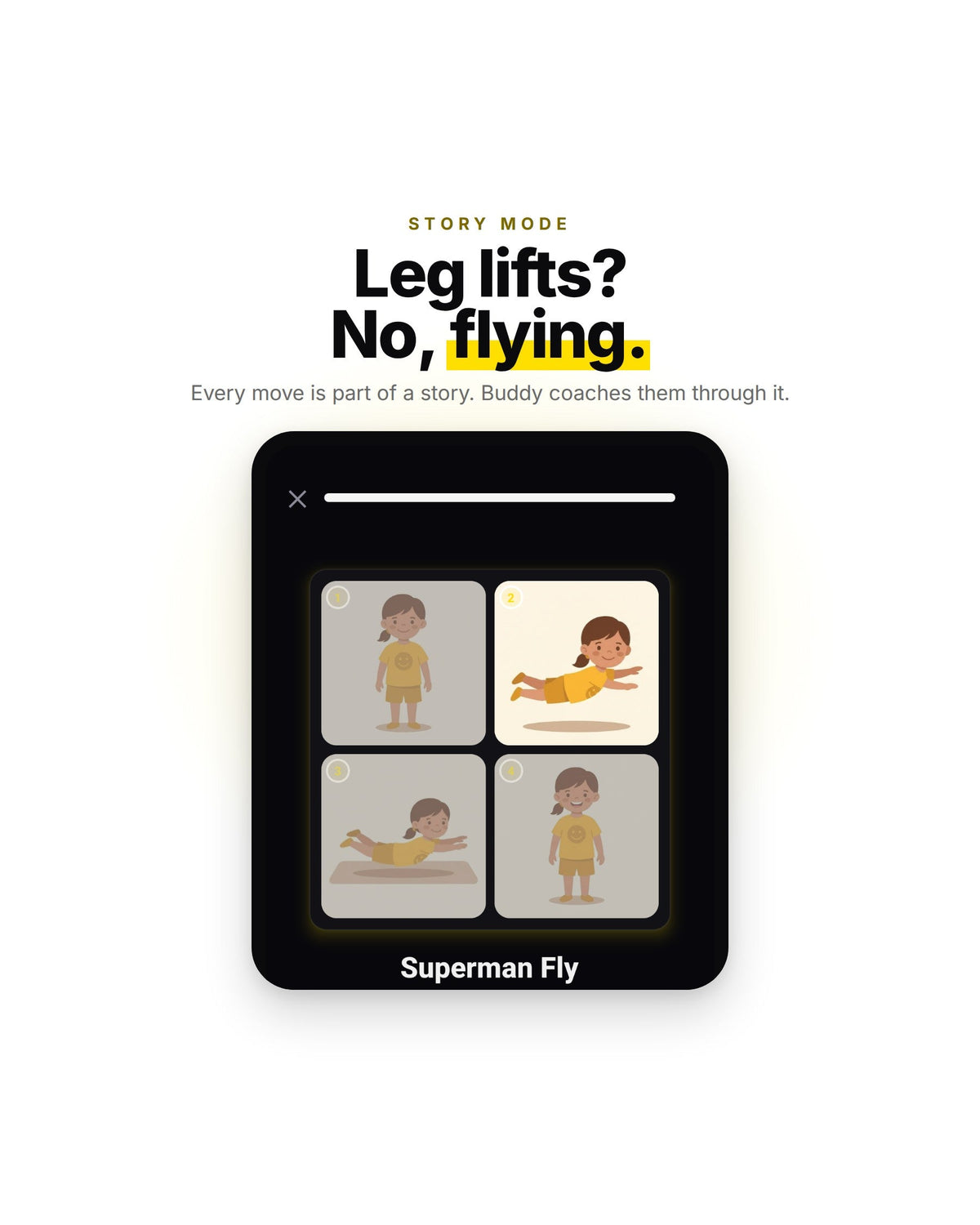 Story mode: leg lifts become flying, with Buddy coaching every move