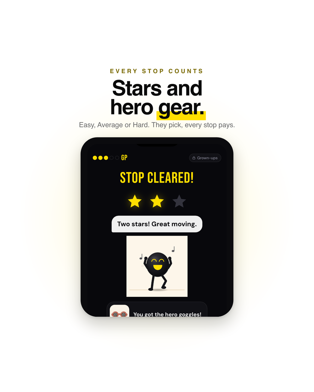 Stars and hero gear at every stop, on Easy, Average or Hard