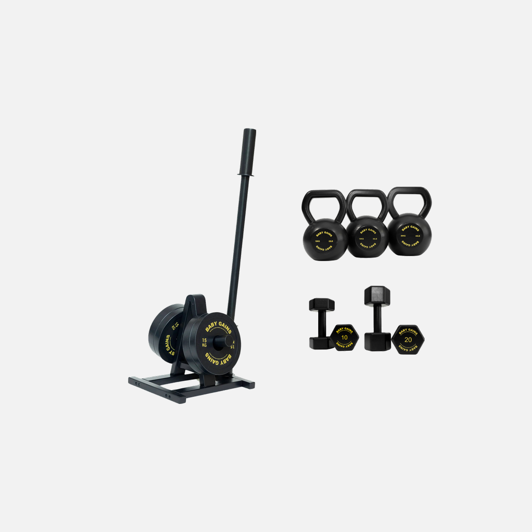 Elite Complete Bundle - Elite wooden barbell kit with kettlebell set and dumbbell set