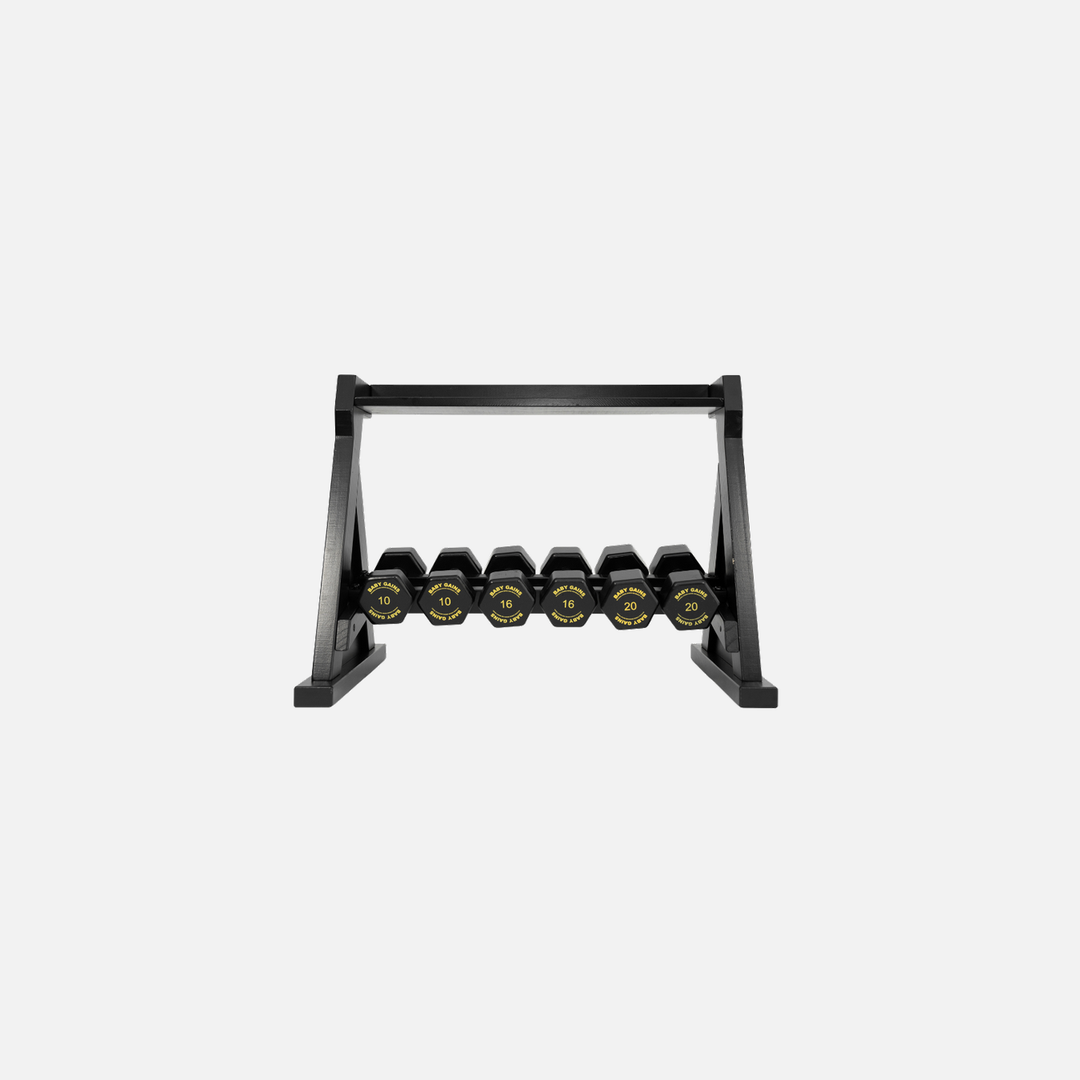 Kids Elite Dumbbell Set: six black hex dumbbells on their rack