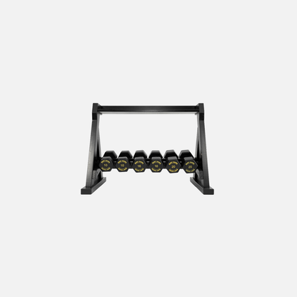 Kids Elite Dumbbell Set: six black hex dumbbells on their rack