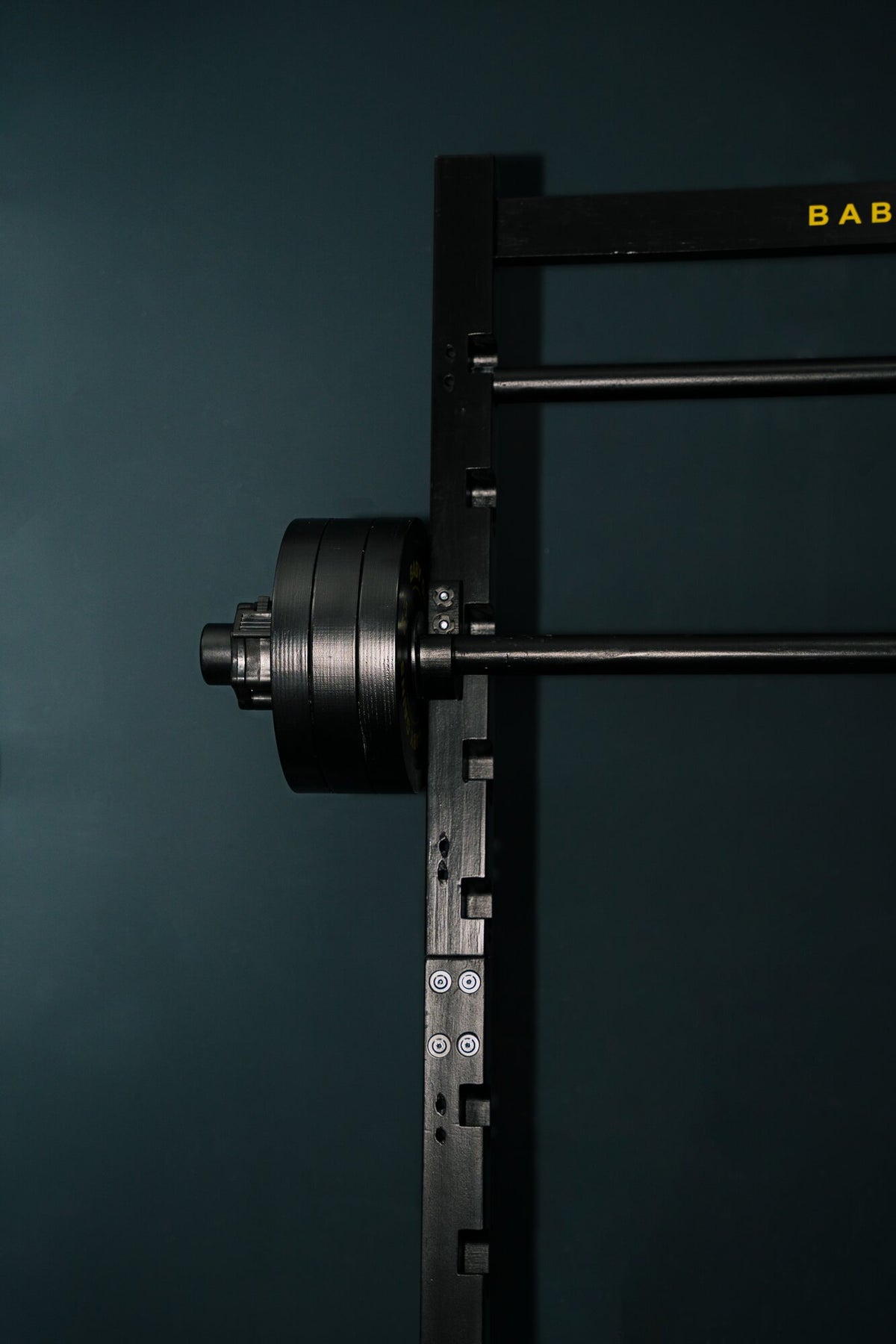 Side view of the Kids Squat, Bench & Pull-Up Station with a loaded barbell on the J-hooks
