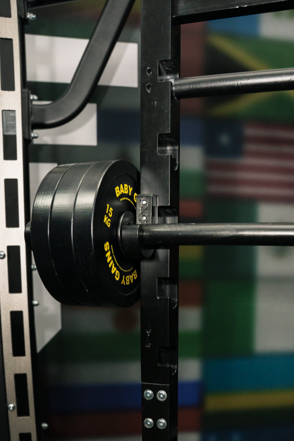 Close-up of the adjustable J-hook and hole spacing on the Kids Squat, Bench & Pull-Up Station
