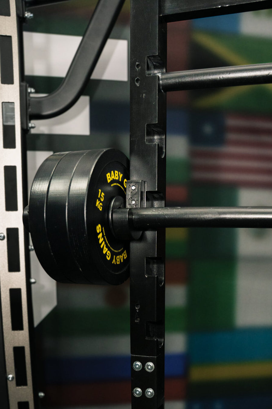 Close-up of the adjustable J-hook and hole spacing on the Kids Squat, Bench & Pull-Up Station