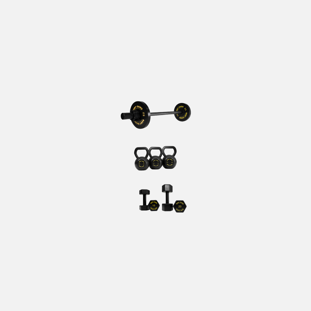 The Home Gym Kit: kids starter barbell, three kettlebells and two pairs of hex dumbbells