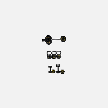 The Home Gym Kit: kids starter barbell, three kettlebells and two pairs of hex dumbbells