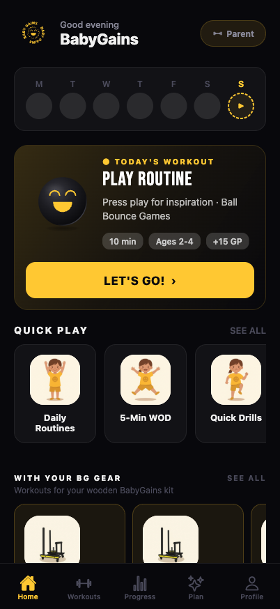 BabyGains Play home screen