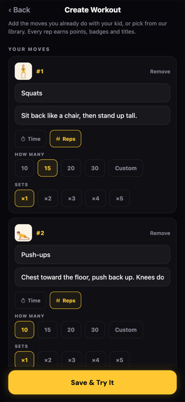 The Create Workout screen, with moves added and reps and sets picked