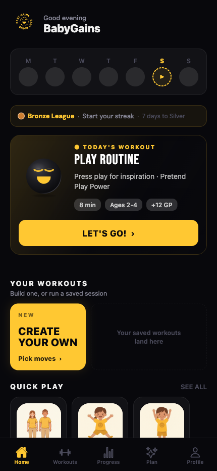 The BabyGains Play home screen in The Season, with today’s workout and a Home, Workouts, Progress, Plan and Profile menu