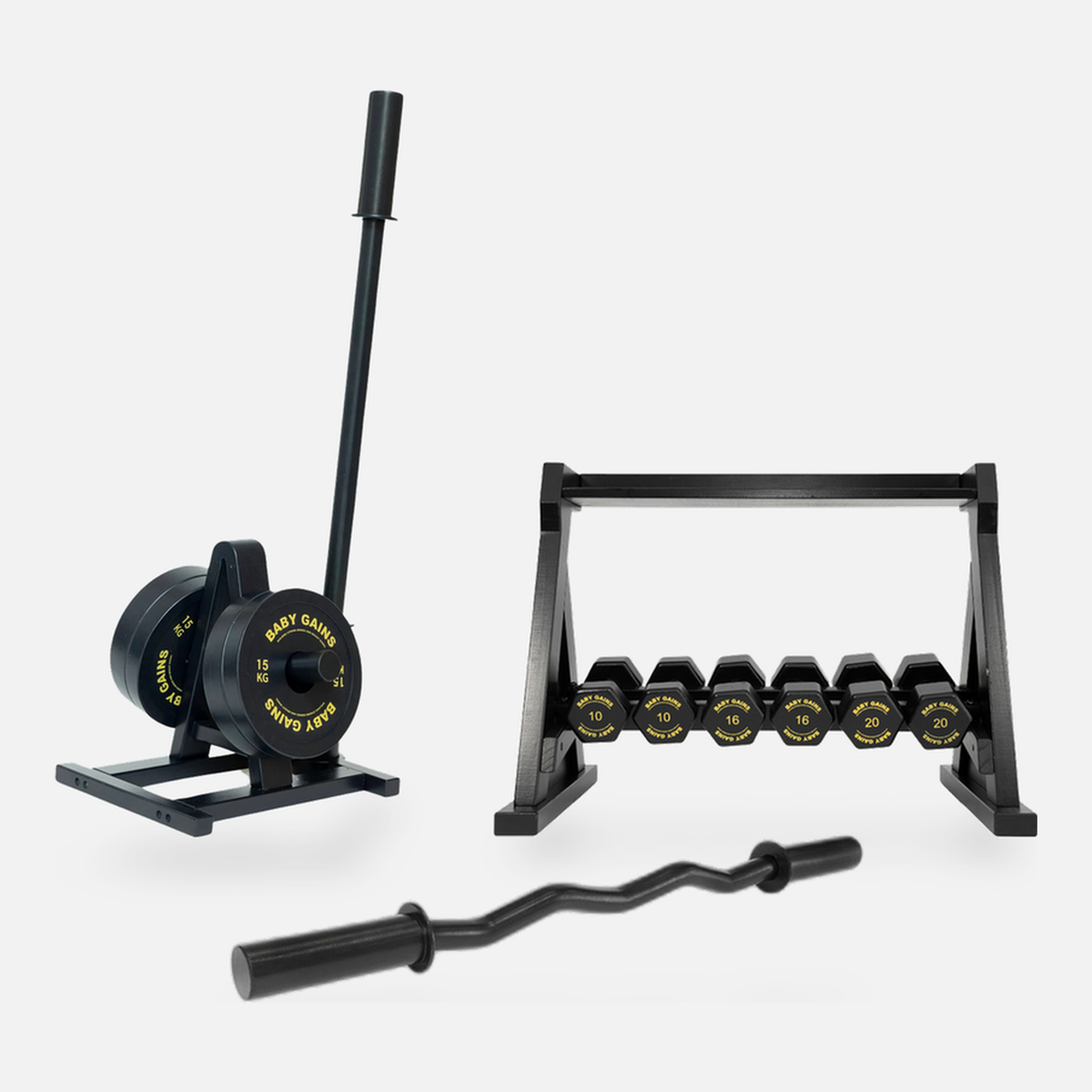 The Garage Gym Kit: a kids sled with plates, a six-dumbbell rack and a curl bar