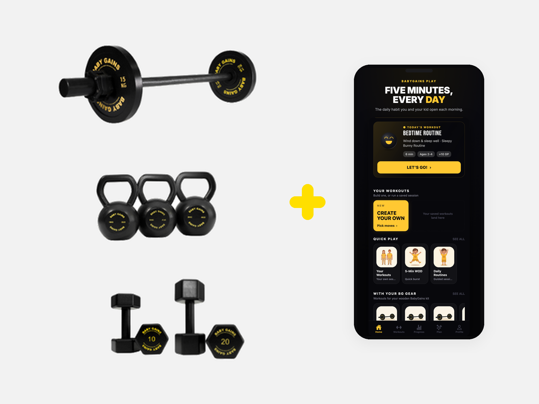 The Home Gym Kit: a kids barbell, kettlebells and dumbbells next to a phone showing the Baby Gains Play app