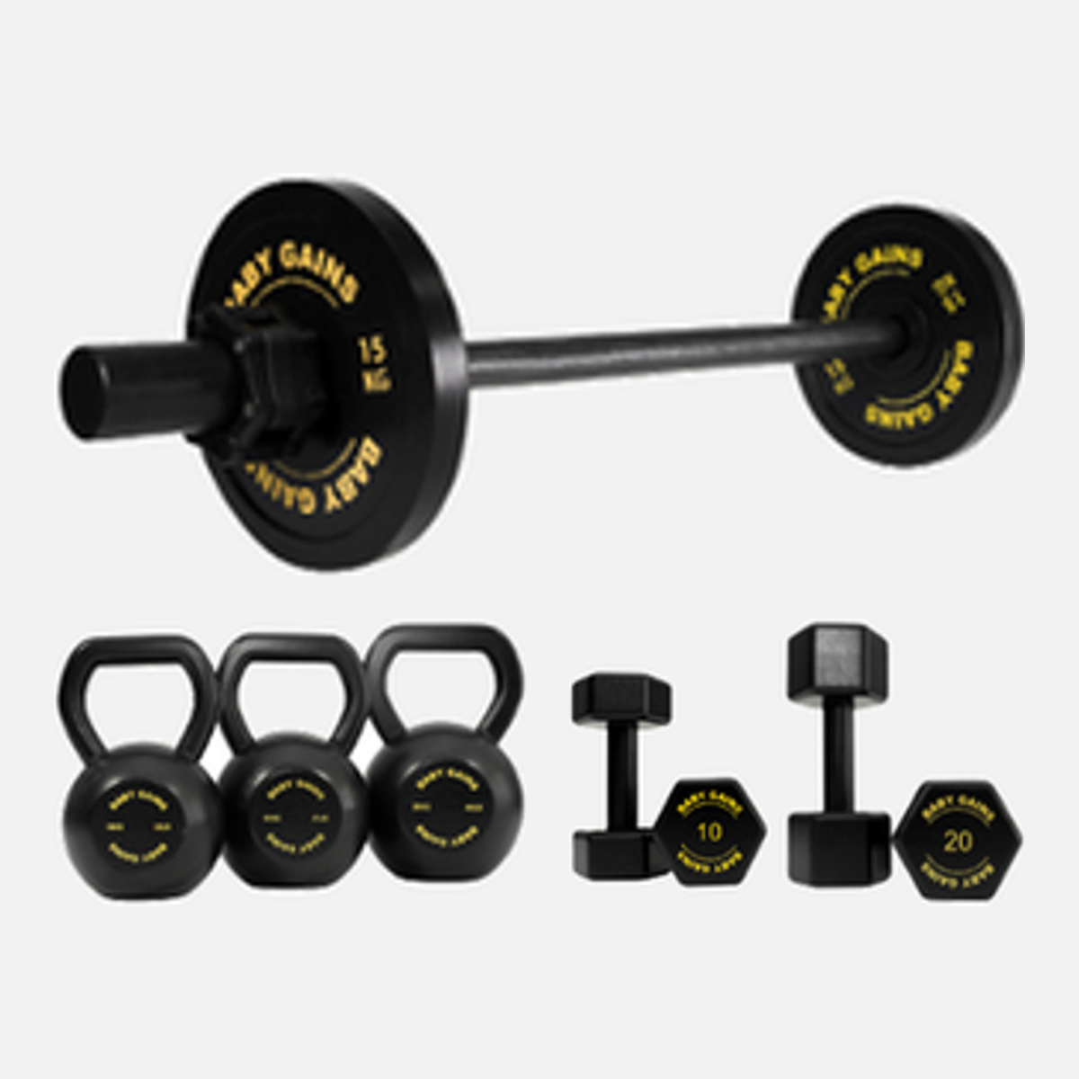 The Home Gym Kit: a kids barbell with plates, three kettlebells and two pairs of dumbbells