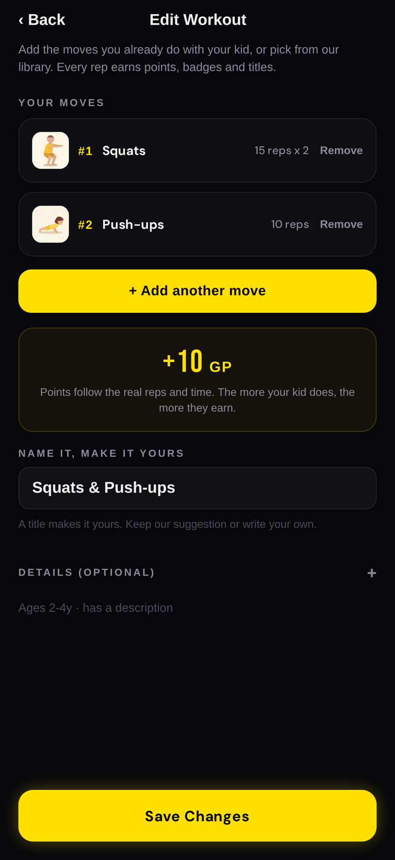 The Create Workout screen, with moves added and reps and sets picked
