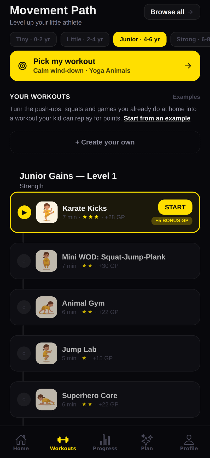 The Movement Path, with five-minute sessions sorted by age level