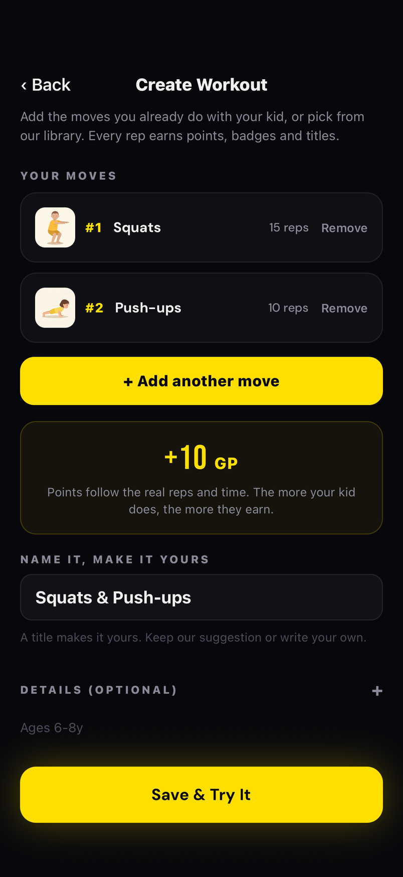 The Create Workout screen, with moves added and reps and sets picked
