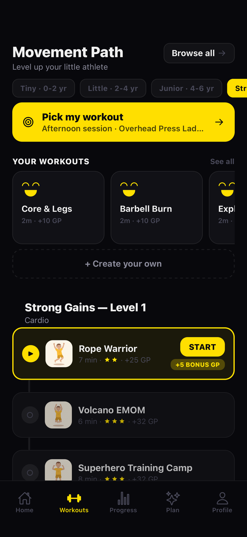 The Movement Path, with five-minute sessions sorted by age level
